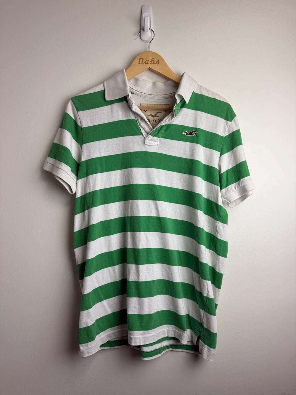 Hollister Striped Polo Shirt Size L Green White Short Sleeve